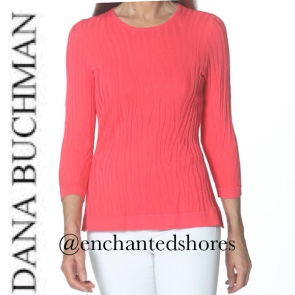 All Season Knit Sweater Textured Crew Coral Pink Orange Dana Buchman Size Medium - Picture 1 of 16